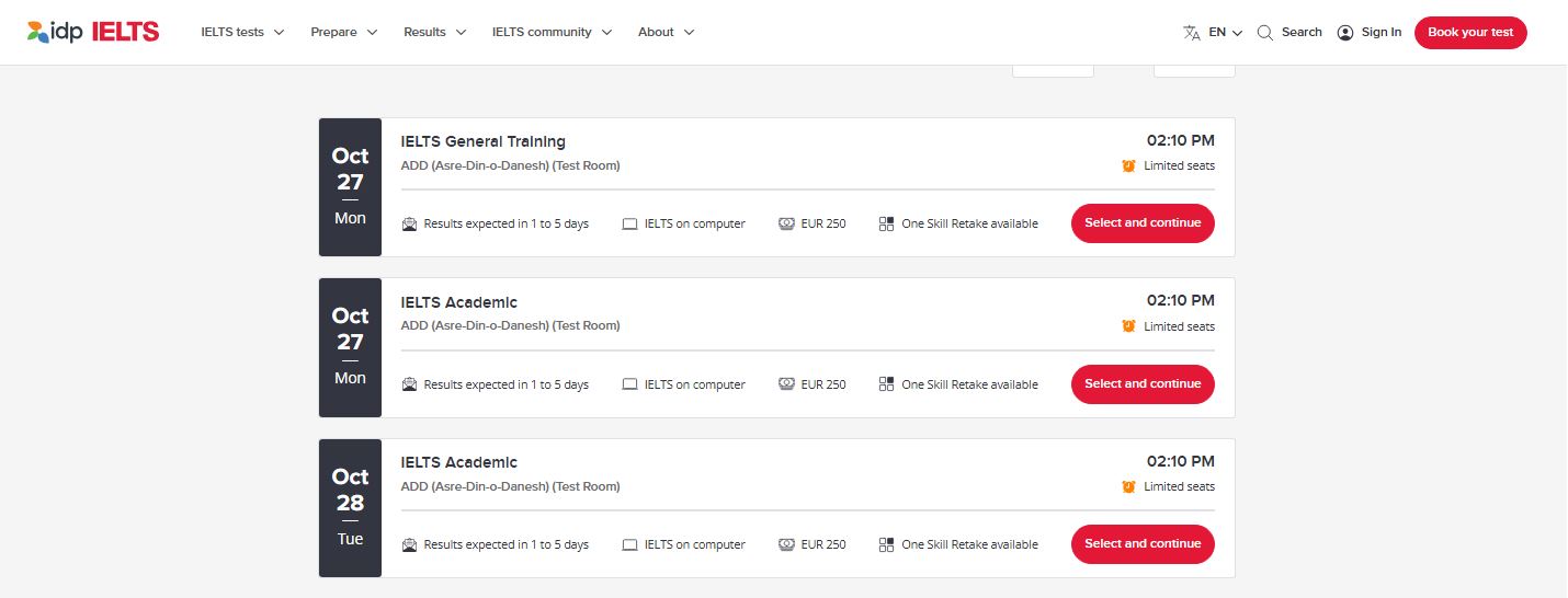 تصویری از رزرو آزمون آیلتس در وبسایت idp